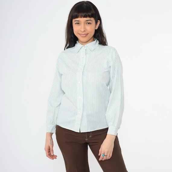 Vintage 80s Girl Scouts Shirt White Striped Button Up Shirt Blue Green Long Sleeve Blouse 1980s Casual Cotton Blend 9/10 Small