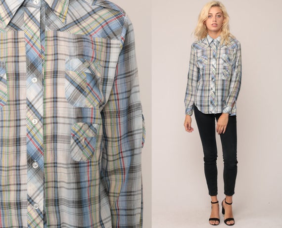 70s Plaid Shirt Cotton White Blue 1970s Button Down up Vintage Hipster Shoulder Epaulette Checkered Long Sleeve Pocket Small Medium