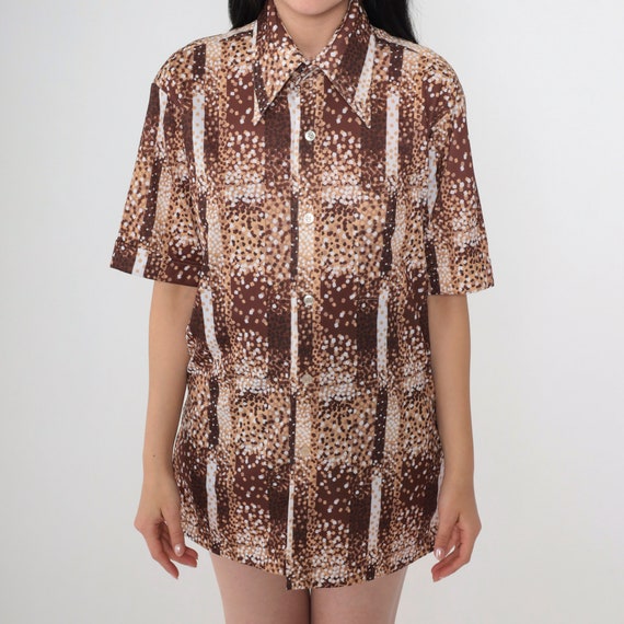 70s Confetti Shirt Brown Striped Retro Disco Button Up Shirt White Pointed Collar Top Retro Short Sleeve Vintage 1970s Men's Medium
