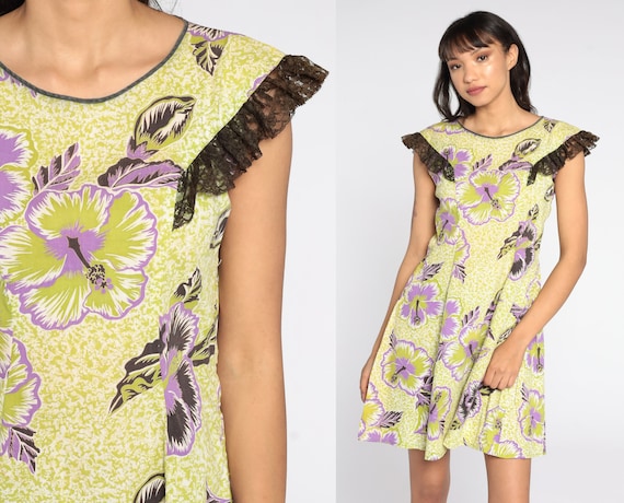 80s Floral Dress Yellow Tropical Flutter Sleeve Dress Midi Dress Sheath Dress 1980s Short Sleeve Vintage Shift Lace Trim Small S