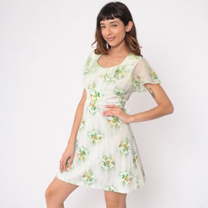 Vintage 70s Babydoll Dress Mod Mini Dress Floral Bird Print Minidress Boho Short Sheer Flutter Sleeve Ruffle Hippie Green White 1970s Small