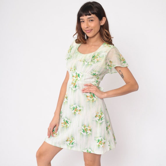 Vintage 70s Babydoll Dress Mod Mini Dress Floral Bird Print Minidress Boho Short Sheer Flutter Sleeve Ruffle Hippie Green White 1970s Small