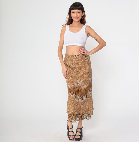 Y2K Animal Print Skirt Leopard Zebra Cheetah Print Maxi Midi Polyester Tiered Ruffle Hem Brown Tan Safari Print Wild Pattern Medium M