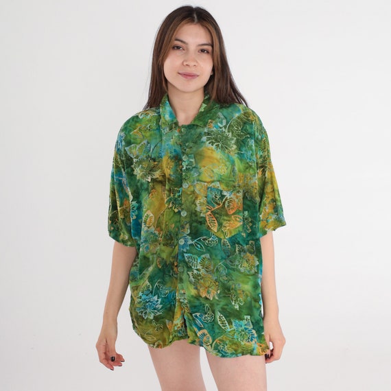 Tropical Floral Shirt 90s Green Tie Dye Button Up Flower Print Surfer Vacation Short Sleeve Top Green Vintage 1990s Men's Large