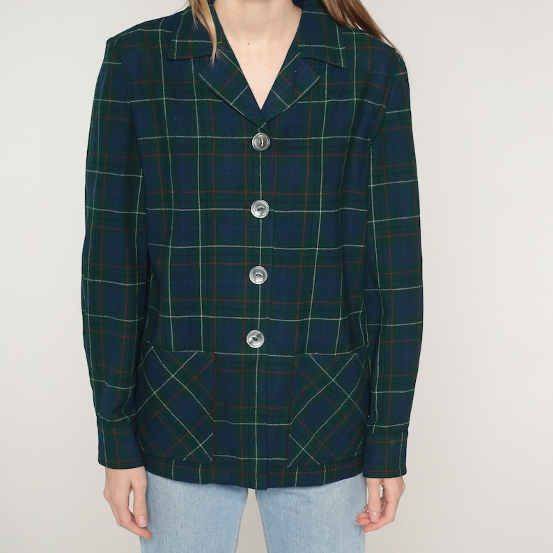 Blue Plaid Jacket Y2k Green Pendleton Wool Button Up Blazer Retro Checkered Print Collared Coat Basic Fall Collar Vintage 00s Small S image 7