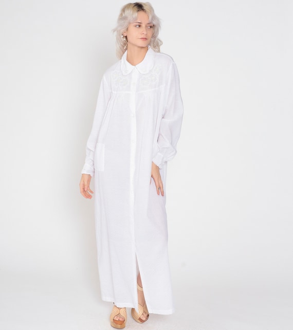 80s Nightgown Lingerie Maxi Dress White Polka Dot Floral Embroidered Long Nightie Button up Sleep Lounge Long Sleeve Vintage 1980s Large L
