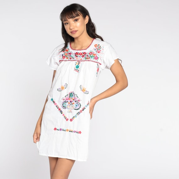 Mexican Dress Embroidered White Mini Dress Boho C… - image 2