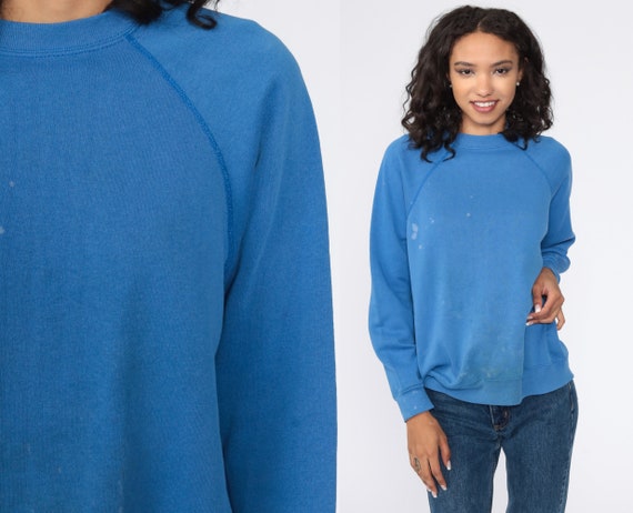 Blue Crewneck Sweatshirt 80s Raglan Sleeve Plain DISTRESSED Long Sleeve Shirt Slouchy 1980s Vintage Grunge Normcore Small Medium