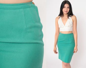 60s Green Pencil Skirt Wool Blend Mini Skirt High Waisted Preppy Retro Professional Basic Chic Secretary Vintage 1960s Extra Small xs