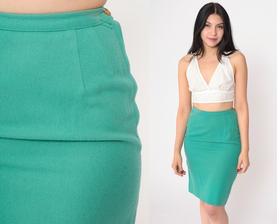 60s Green Pencil Skirt Wool Blend Mini Skirt High Waisted Preppy Retro Professional Basic Chic Secretary Vintage 1960s Extra Small xs