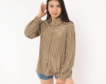 80s Striped Button Up Shirt Tan Teal Green Yellow Pinstripe Blouse Collar Long Sleeve Camel Sand Top Vintage Earth Tone Academic Medium M