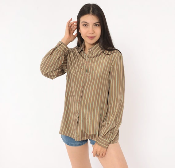 80s Striped Button Up Shirt Tan Teal Green Yellow Pinstripe Blouse Collar Long Sleeve Camel Sand Top Vintage Earth Tone Academic Medium M