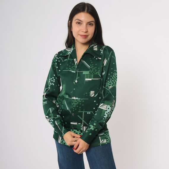 70s Geometric Shirt Green Long Sleeve Button Up Disco Collar Abstract Print Retro Polyester Blend Top 1970s Small S