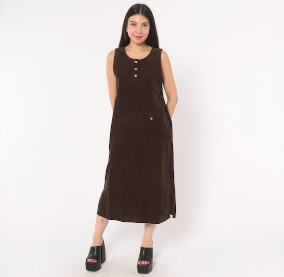 90s Corduroy Jumper Dress Brown Sleeveless Midi Henley Neckline Chocolate Coffee Pocket Shift Column Vintage Cottagecore Prairie Small S