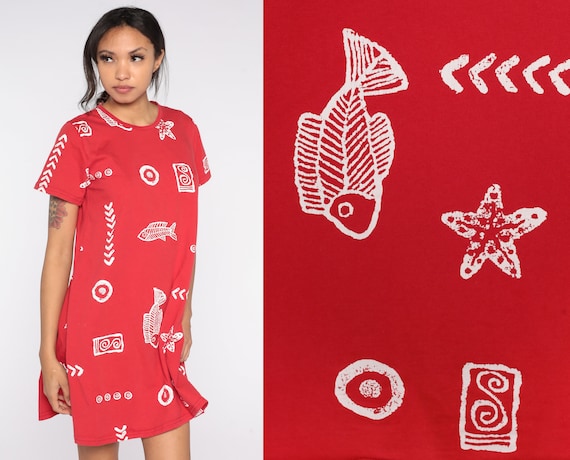 Fish Print Dress 90s Red Seashell Beach Coverup Tshirt Dress Tropical Mini Sun Dress 1990s Vintage Shift Boho Cover Up Short Sleeve Small S