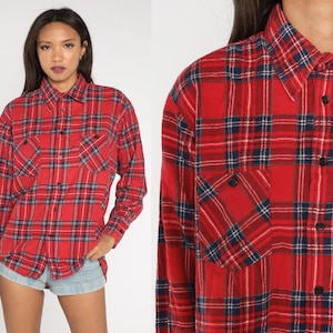Red Flannel Shirt 90s PLAID Grunge Navy Blue Lumberjack Long Sleeve Button Up Vintage Cotton Retro Men&#39;s Large