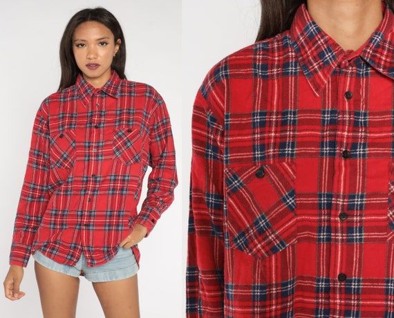 Red Flannel Shirt 90s PLAID Grunge Navy Blue Lumberjack Long Sleeve Button Up Vintage Cotton Retro Men's Large