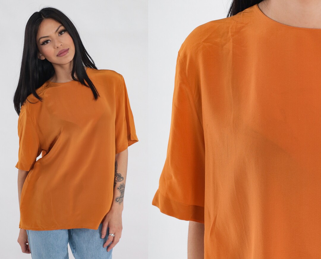 Retro Orange Print Silky Sleeveless Blouse