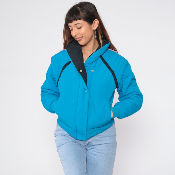 Convertible Puffer Jacket 80s Ski Jacket Bright Blue Retro Zip Off Sleeve Vest Puffy Coat 1980s Puff Zip Up Raglan Sleeve Jacket Small xs