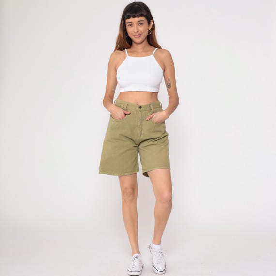 90s High Rise Shorts Khaki Cotton Mom Jean Lei Vintage Olive Green High Waisted Pockets Casual Utility Denim Summer Medium M