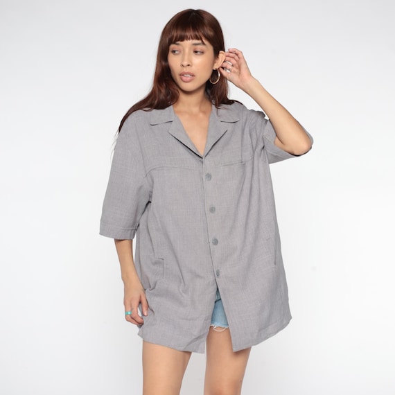 Gray Shirt Dress 90s Button Front Short Sleeve Chest Pocket Knee Length Minimalist Normcore Gorpcore Summer Lightweight Vintage Extra Large