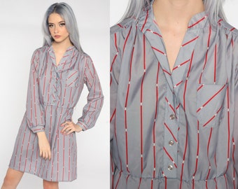 80s Striped Dress Grey Mini Dress Shirtdress High Waisted Secretary Dress Vintage 1980s button up Minidress Red Medium