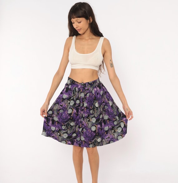 90s Psychedelic Medallion Skirt Purple Black Button Front Swirl Print Violet Gray Gathered Waist Eclectic Funky Vintage Women Small