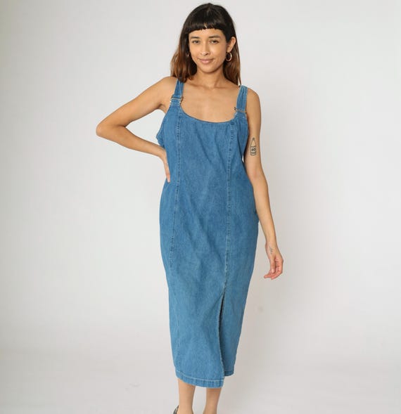 Vintage Denim Jumper Dress 90s Blue Jean Overall Dress Retro Y2K Midi Pinafore Sheath Side Slit Sleeveless 1990s Size 14 Large