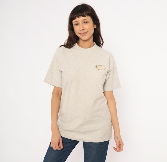 Hobe Sound Embroidered Tee Shirt 90s Heather Oatmeal Cotton Palm Tree Beige Tan Neutral Beach Tropical Souvenir Florida Vintage Medium M