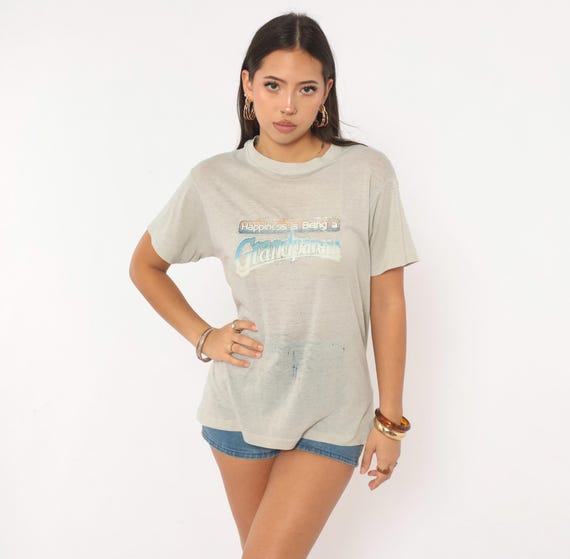 Distressed 80s Grandparent Tee Grey Glitter Puff Cotton T Shirt Light Gray Blue Short Sleeve Top Grandma Grandpa Gift Unisex Vintage Small S