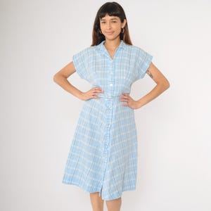 Vintage 60s Light Blue Plaid Dress Button Up Day Dress 1960s Pastel Checkered Shirtdress Midi Short Sleeve A-Line Skirt High Waist Small S