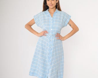 Vintage 60s Light Blue Plaid Dress Button Up Day Dress 1960s Pastel Checkered Shirtdress Midi Short Sleeve A-Line Skirt High Waist Small S