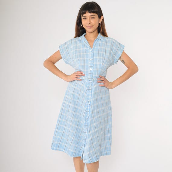 Vintage 60s Light Blue Plaid Dress Button Up Day Dress 1960s Pastel Checkered Shirtdress Midi Short Sleeve A-Line Skirt High Waist Small S