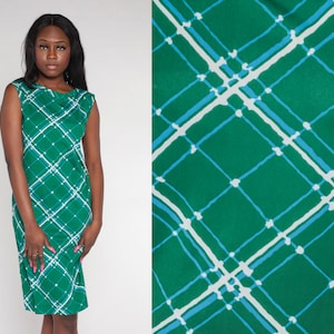 70s Shift Dress Mod Mini Dress Green Lattice Print Day Dress Retro Checkered A-Line Gogo Seventies Sleeveless Sheath Vintage 1970s Medium