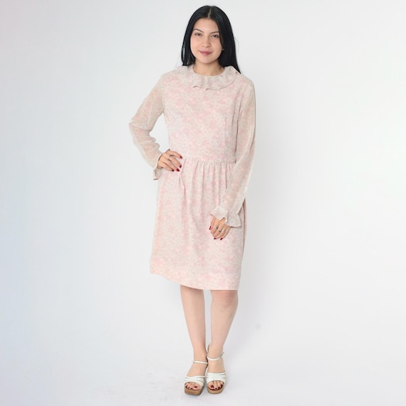 Vintage 60s Pink Floral Dress Sheer Long Bell Sleeve Ruffle Collar Mod High Waist Boho 1960s Knee Length Pastel Romantic Medium 8