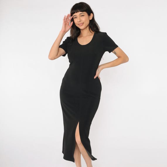 Vintage Black Bodycon Dress 90s High Front Slit Midi Party Short Sleeve Scoop Neck Going Out Sheath 1990s Medium 7/8