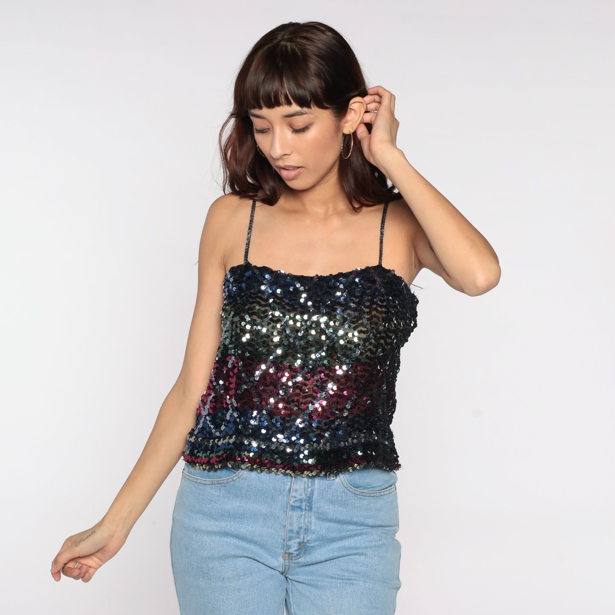 Sequin Tank Top 80s Sheer Party Blouse Black Sparkly Crop Top Spaghetti ...