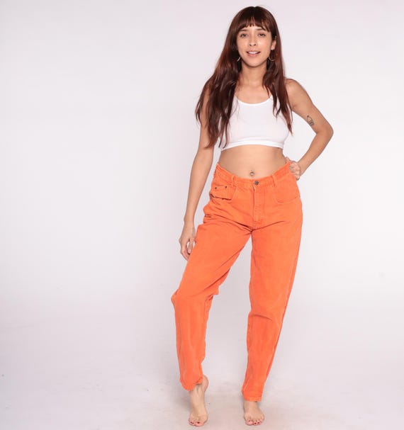 90s Orange Jeans High Waist Straight Leg Cotton Mom Jean Style Coral Pants Bright Color Casual Streetwear Vintage Relaxed Fit Summer Large L