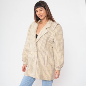 Striped Blazer Jacket 80s Wool Blend Grey Cream Double Breasted Button up Coat Tailored Jacket Retro Preppy Formal Vintage 1980s Medium M