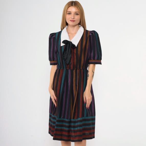 Vintage Striped Puff Sleeve Dress 80s Black Ascot Bow Midi Shirtdress Contrast Collar High Waisted Button Up Boho Secretary 1980s Small S
