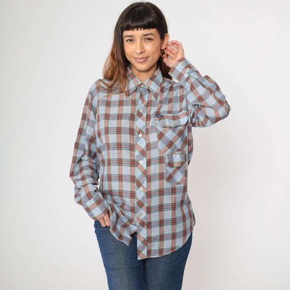 70s Plaid Shirt Light Blue Red Tartan Button up Dagger Collar Checkered Top Long sleeve Preppy Vintage 1970s Men's Medium 15-15 1/2