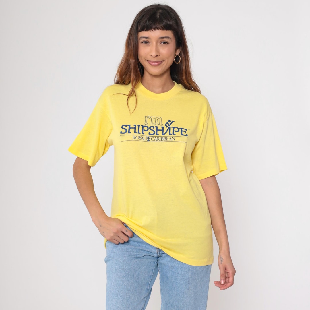 T-Shirt Vintage 80s - Royal Caribbean Cruise - "I'm Ship Shape" - Taille L - Coton/Polyester Jaune - Graphic Tee USA