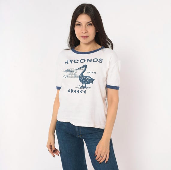 80s Myconos Greece Ringer Tee White Navy Cotton Pelican Short Sleeve Souvenir Mykonos Travel Windmill Print Bird Shirt Vintage Medium M