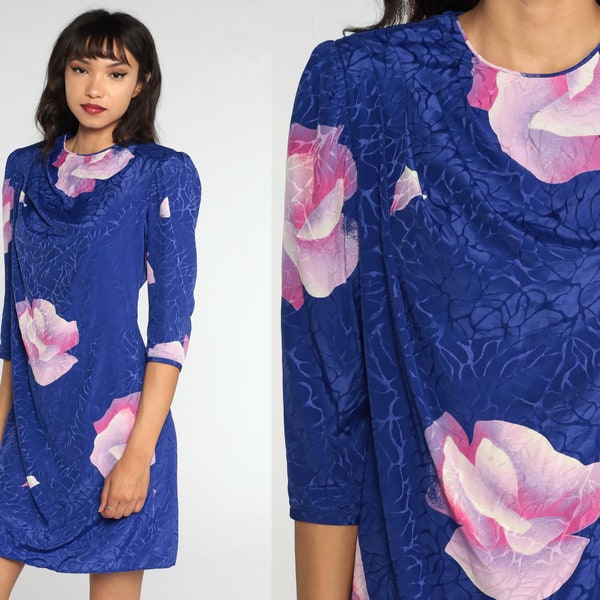 80s Floral Dress Embossed Puff Sleeve Dress Purple Blue Sheath Mini Dress 1980s Short Sleeve Vintage Shift Dress Medium