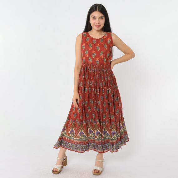 90s Indian Floral Dress Vintage Rust Red Cotton Flower SunDress Boho Sun Bohemian High Waist Midi 1990s Sleeveless Boho Hippie Small S