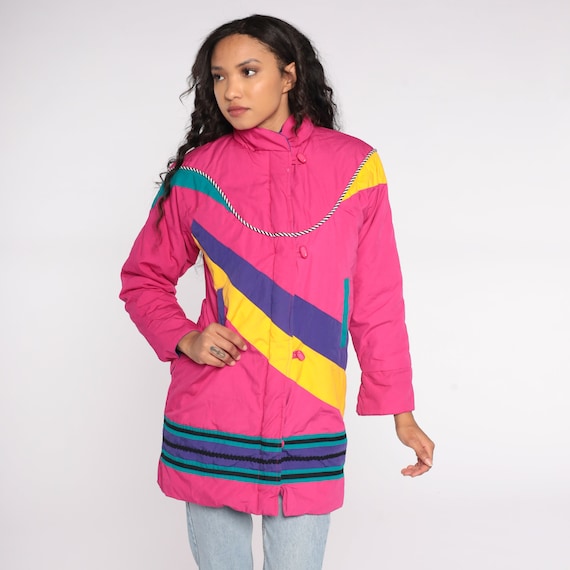 Neon Ski Jacket 80s Puffer Bright Pink Retro Abstract… Gem