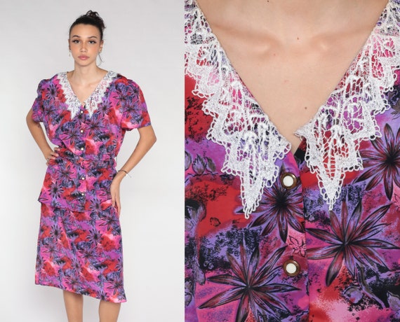 80s Floral Dress Pink Purple Midi Dress Lace Collar Peplum High Waisted Shirtdress Short Sleeve Button Up Secretary Vintage 1980s Medium M