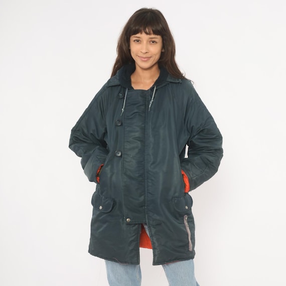 Navy Puffer Parka 80s Hooded Winter Coat Insulated Padded Jacket Sherpa Collar Dark Blue Warm Storm Hood Drawstring Vintage Extra Large XL