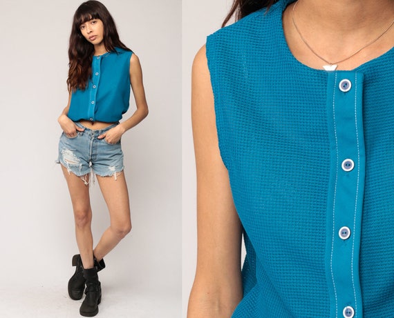 Sleeveless Shirt Blue Tank Top 80s Button Up Shirt Slouch Vintage Plain Grunge Tank Top Normcore 1980s Medium