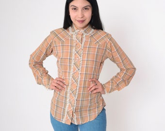 Plaid Lace Western Shirt 70s MetallicPearl Snap Shirt Button Up Rodeo Blouse Cowgirl Long Sleeve Orange Vintage 1970s Panhandle Slim Small S